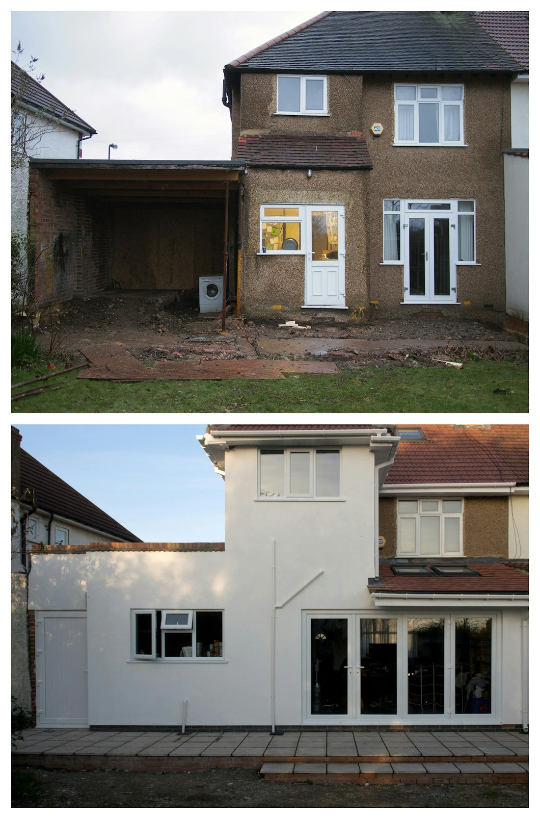 House renovation before and after showing a new extension being built