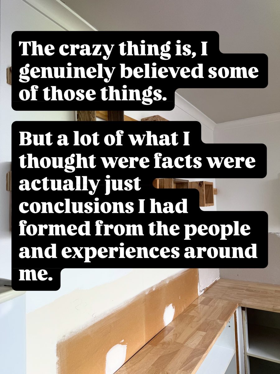 The crazy thing is, I genuinely believed some of those things. But a lot of what I thought were facts were actually just conclusions I had formed from the people and experiences around me.